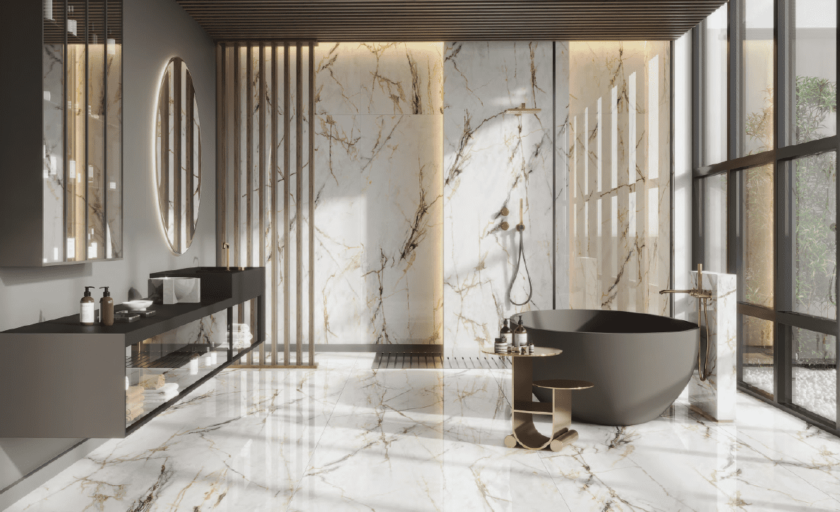 A room with marble floors and walls.
