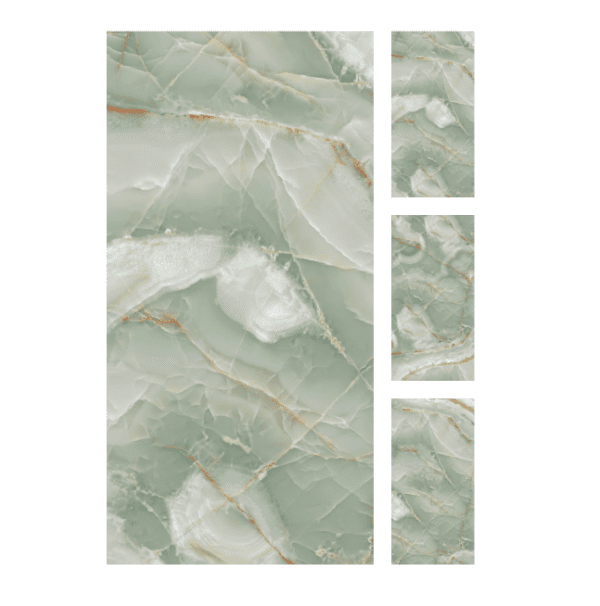 A green marble tile with gold accents.