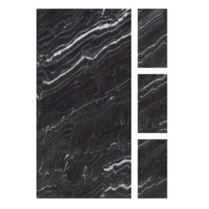 A black marble tile with three different designs.